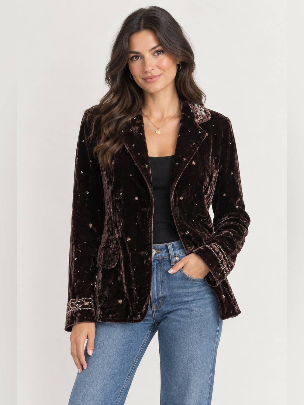 Elie Tahari Deep Brown Velvet Embellished Long-Sleeve Shirt Jacket Blazer Sz 8